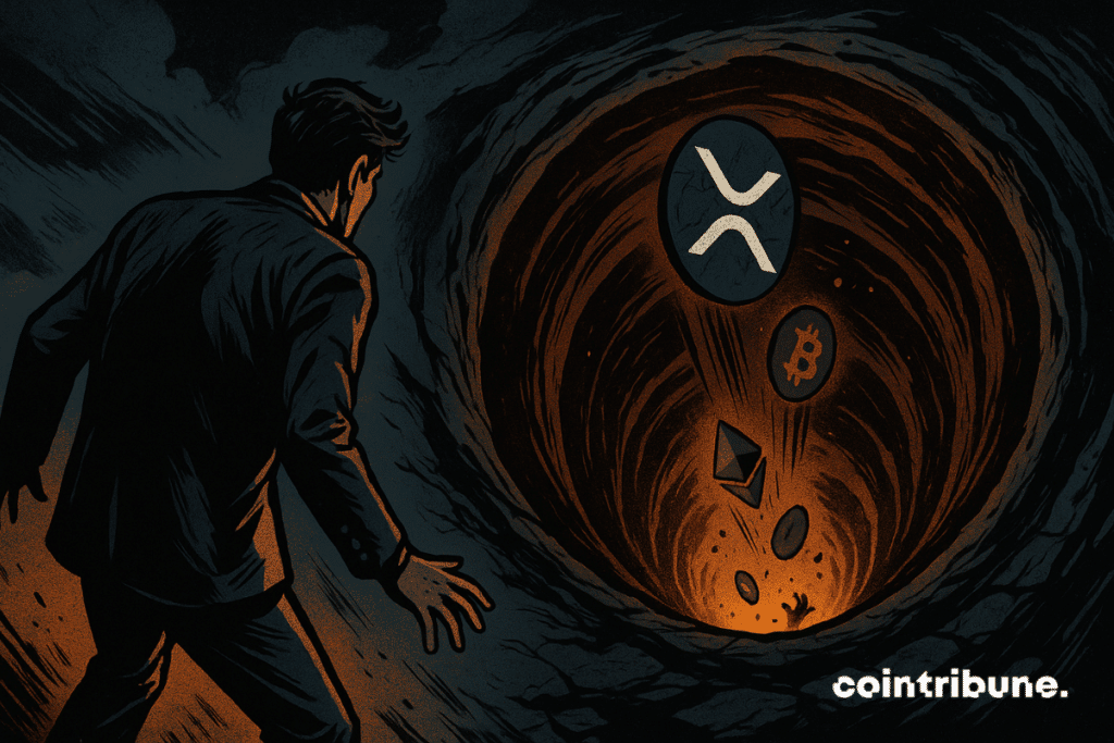 A worried trader looks into a bottomless pit where several cryptos are falling (including XRP in the foreground).