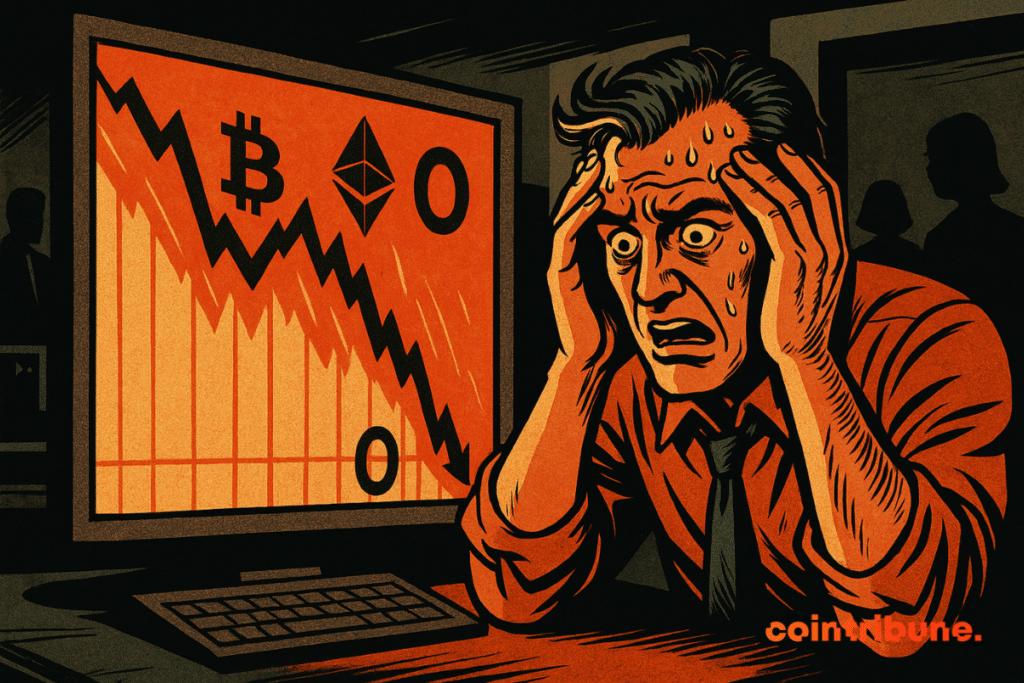 A panicked trader looks at a red screen displaying the cryptos Bitcoin and Ethereum falling sharply to zero.