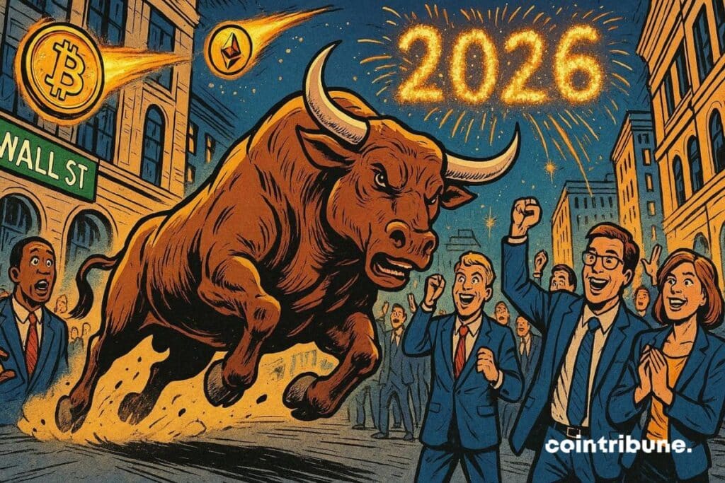 A furious bull running at high speed down the street of Wall Street in 2026, symbolizing the crypto bull run.