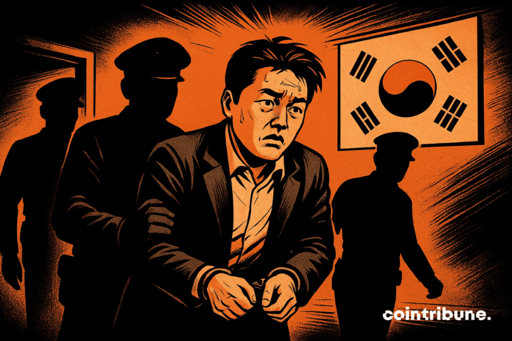 A comic-book scene shows a handcuffed man being escorted by silhouettes of police officers down a dark corridor lit in an orange glow, with a South Korean flag visible in the background.