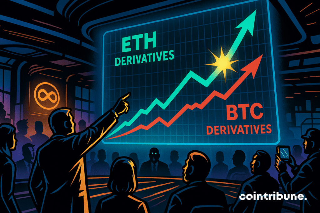 A giant hologram chart shows Ether surpassing Bitcoin, with a crowd of traders stunned.