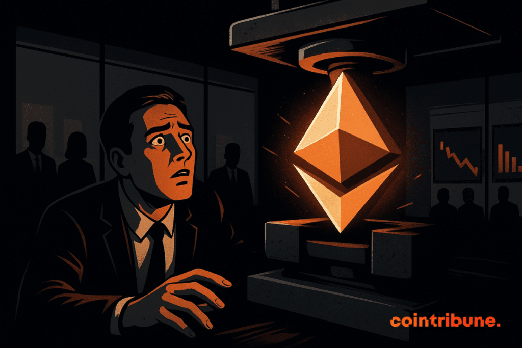 A dark trading floor scene where a trader observes a large Ethereum symbol compressed between two metal plates, lit by an orange glow.