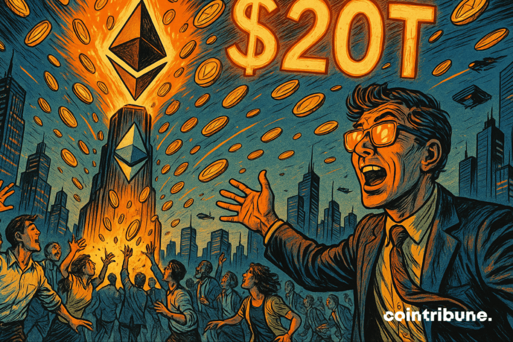 Futuristic cartoon scene showing the Ethereum tower spouting coins, as the crowd looks on in wonder.