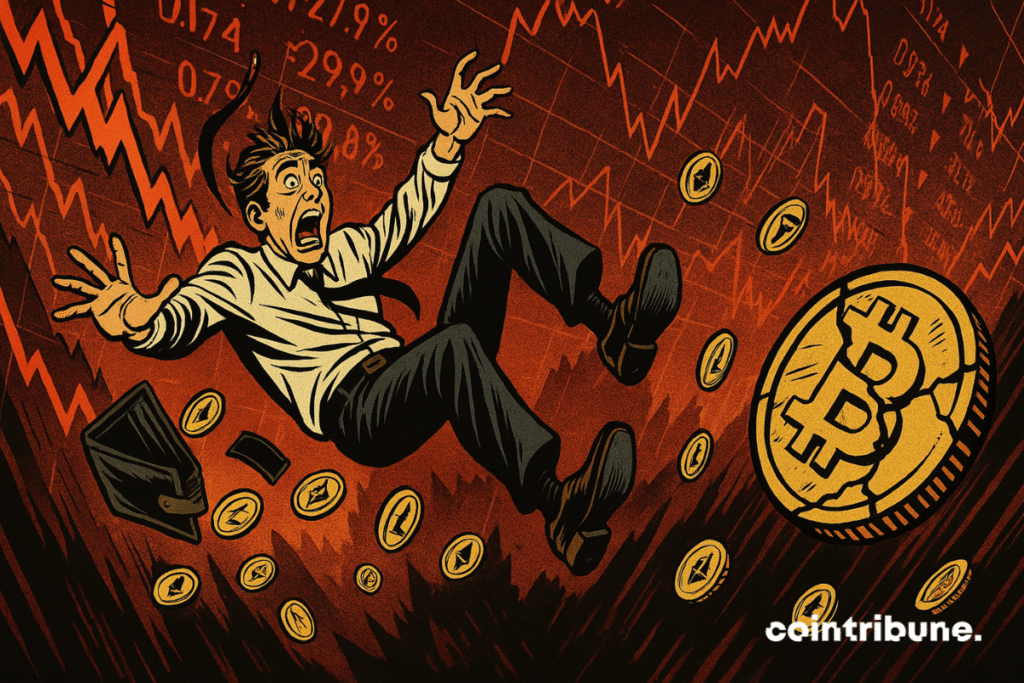 A trader falls into an abyss filled with crypto logos, symbolizing Glassnode's warning about excessive leverage.