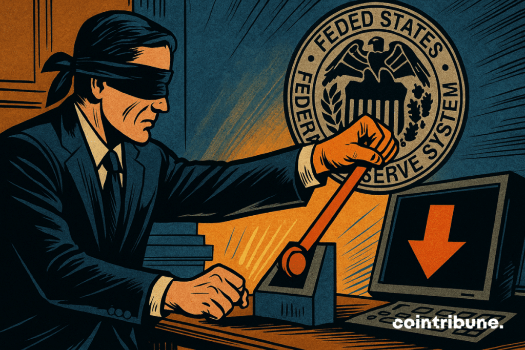 A Fed representative pulls a lever to cut rates.