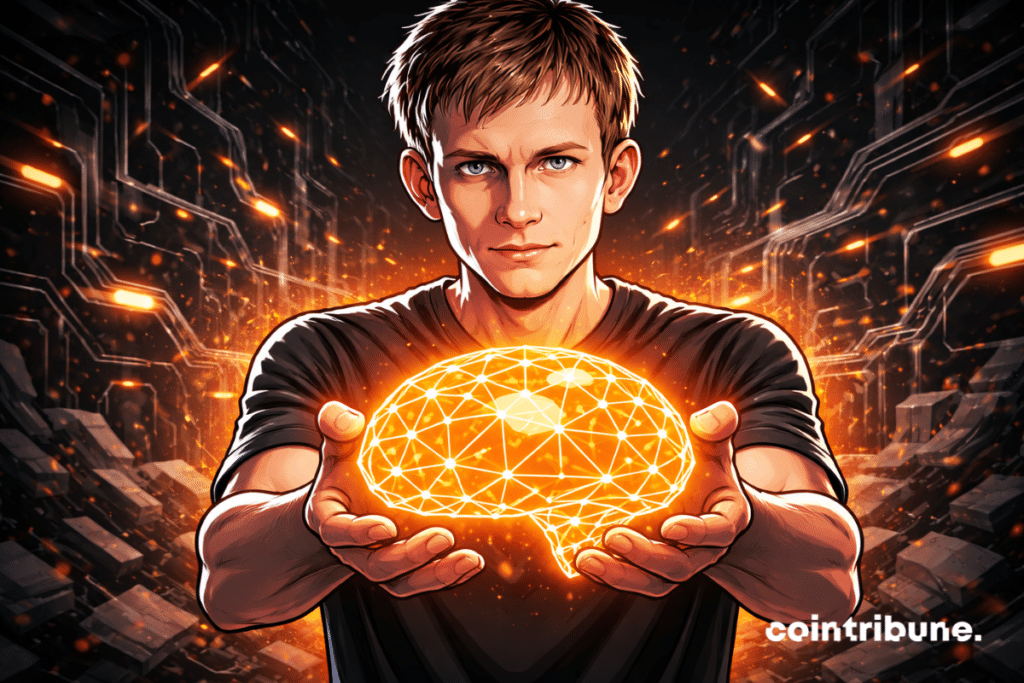 A comic book style illustration shows Vitalik Buterin holding a glowing orange geometric brain against a dark background filled with circuits.