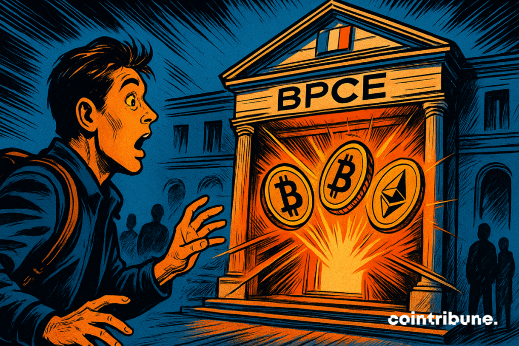 A stunned passerby watches a French bank suddenly open, releasing glowing crypto tokens in a spectacularly vivid orange glow.