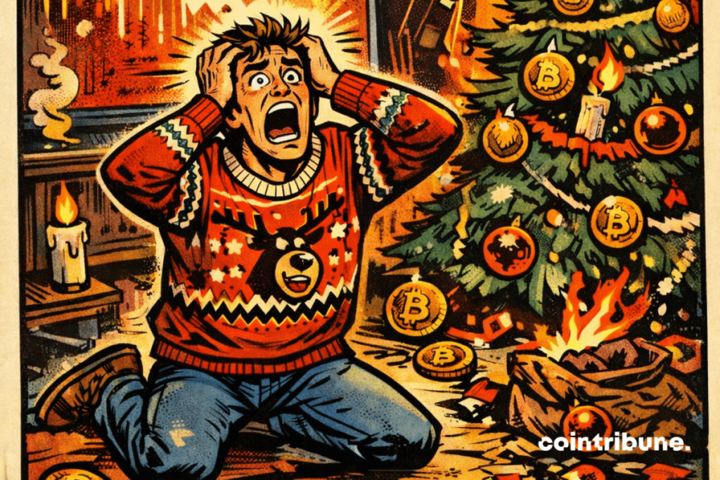 a young man panicking in front of a burning Christmas tree, decorated with Bitcoin coins.