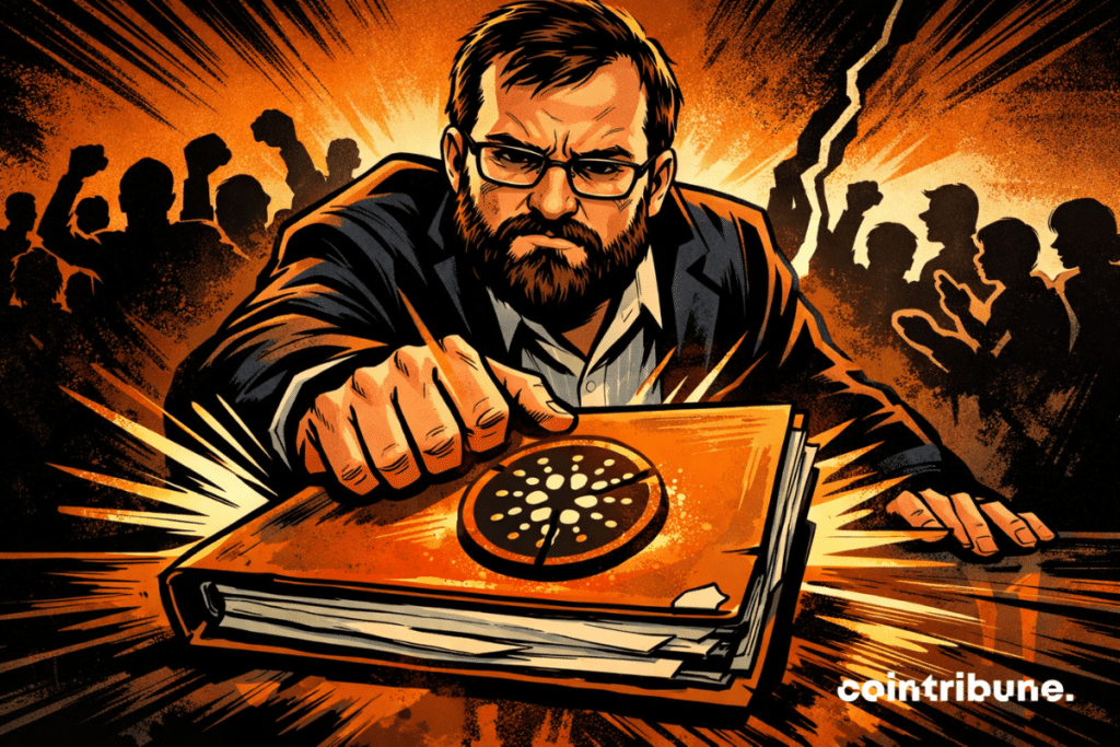 A comic book-style illustration shows Charles Hoskinson forcefully closing an orange binder adorned with a cracked Cardano symbol, while a divided crowd argues behind him.