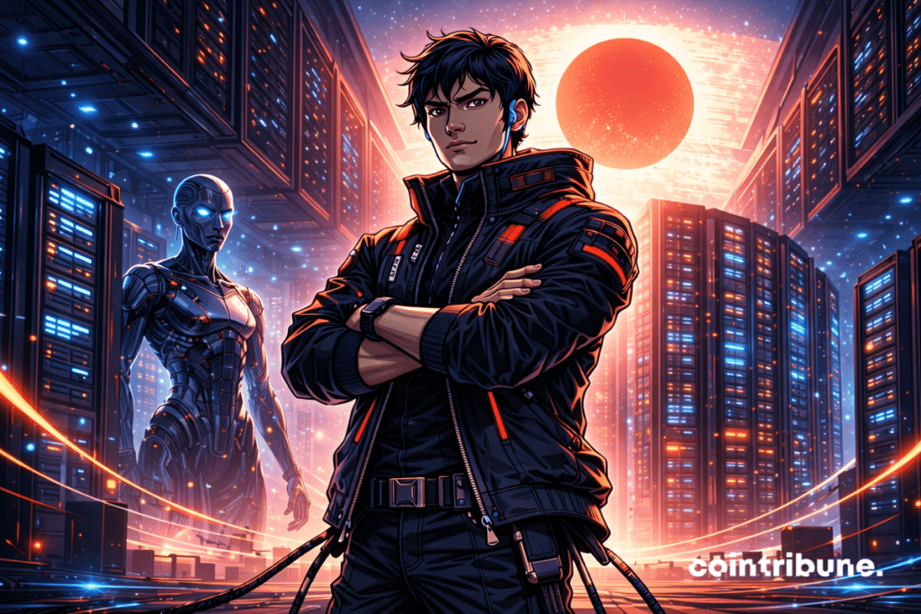 A confident young man, dressed in futuristic tactical gear, stands in front of illuminated data servers, accompanied by a humanoid robot with artificial intelligence. A large glowing sun, the symbol of Japan, shines in the background. The scene takes place in a high-tech data center, bathed in blue and orange light, with an emphasis on artificial intelligence and high-performance computing.