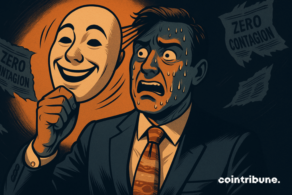 Businessman with Jupiter tie removes smiling mask, revealing panicked face beneath.