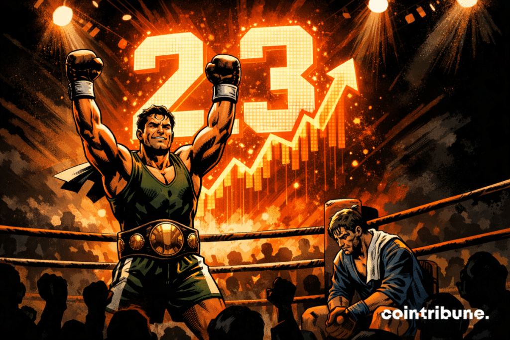 A triumphant boxer raises his fists in a brightly lit ring, while a luminous orange