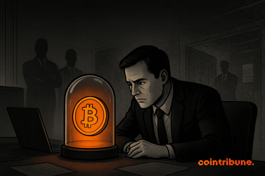 An analyst in a suit observes a glowing orange crypto token beneath a glass bell on his desk, while dark silhouettes stand out in the background in a stark office.