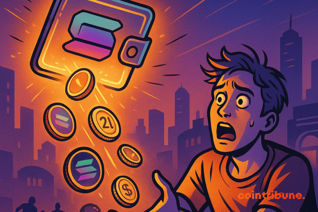 Panicked young man tries to catch Solana tokens falling from a glowing digital wallet in a futuristic city.