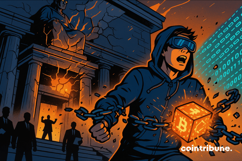 A cryptocurrency developer breaks chains with a glowing Bitcoin cube as the SEC building cracks behind him.