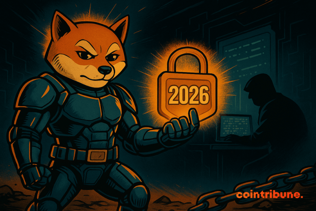 Cartoon-style illustration of an armored Shiba Inu holding a glowing padlock reading 