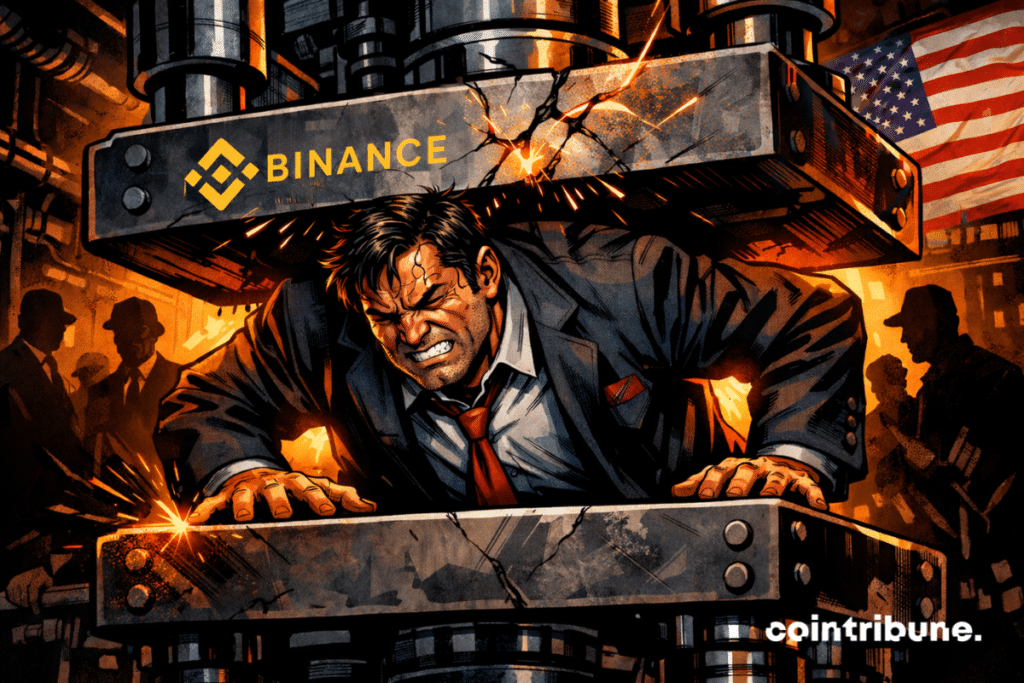 Businessman crushed by an industrial press marked Binance, under dark gazes, American flag in the background, maximum tension, dramatic orange.