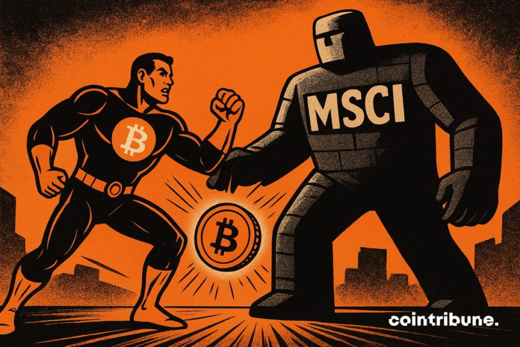A comic-book style scene shows a muscular hero wearing the Bitcoin symbol facing a stone giant labeled “MSCI” in a dramatic orange atmosphere.