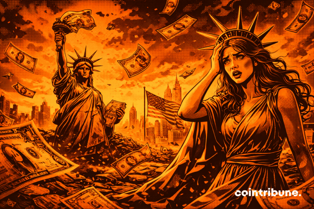 A woman dressed as a symbol of freedom, looking overwhelmed, holds a crumpled bill instead of the torch. $1 bills falling from the sky like dead leaves.