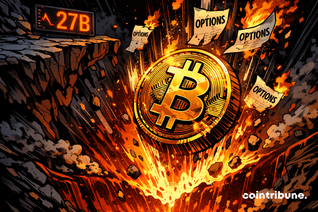 Giant Bitcoin falls into fiery pit, surrounded by papers