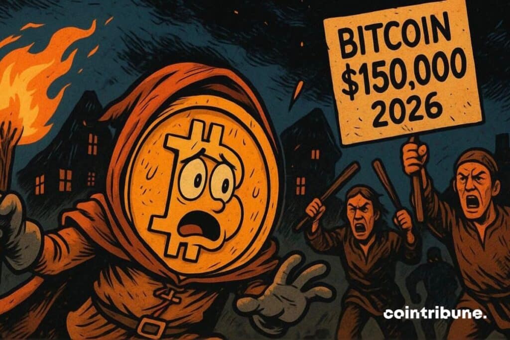 Angry Polymarket punters chasing a bitcoin, following predictions of $150,000 in 2026.