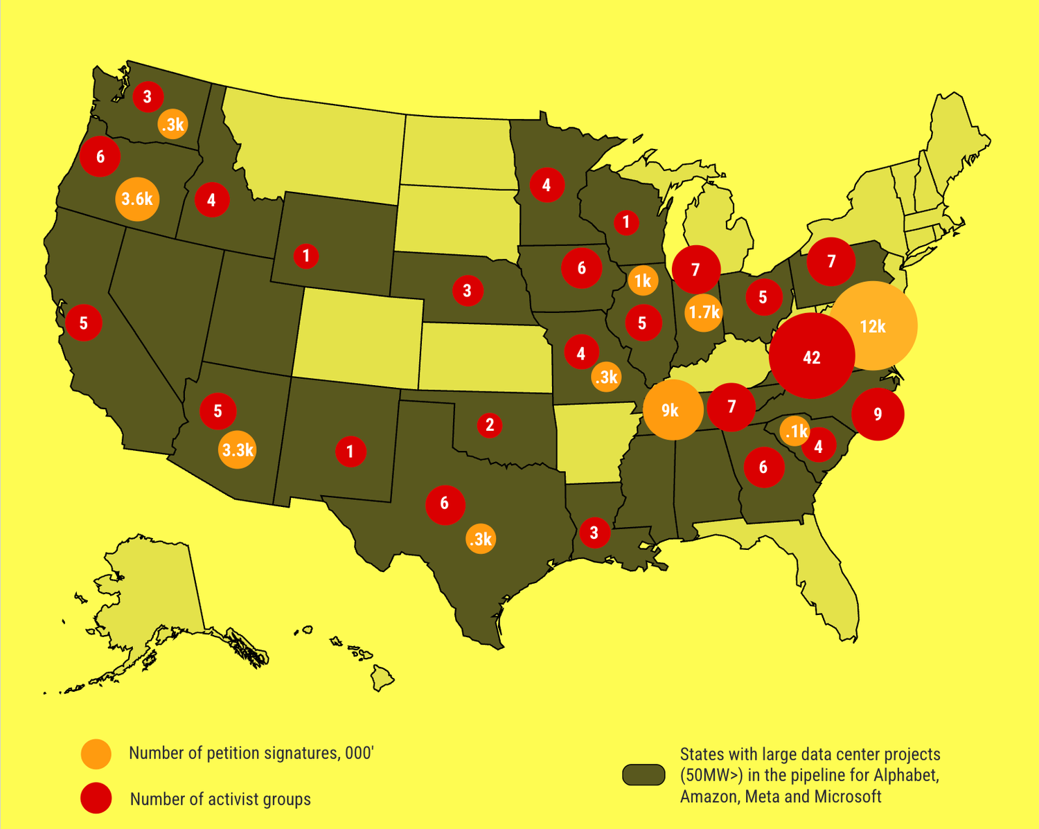 A map depicting protests against data center expansion plans proposed by companies including Amazon, Meta, Microsoft and Alphabet, Google's parent company.