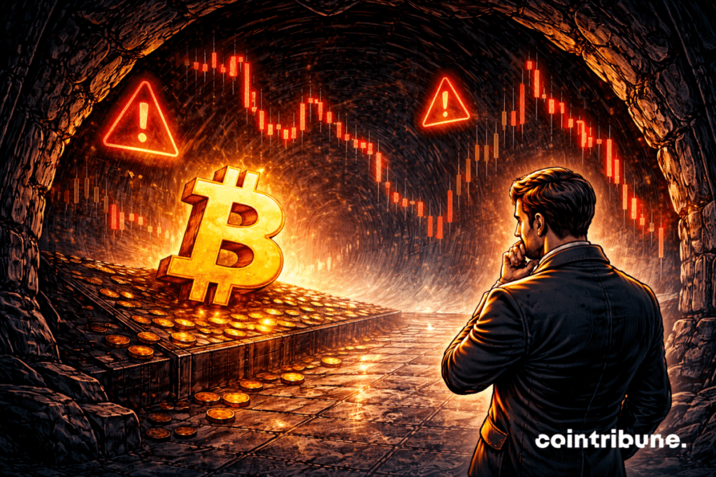 A Bitcoin stands at the entrance to a dark corridor, behind it a bright area recedes, in front of it floating technical signals become darker. A trader observes crypto.