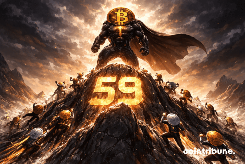 A towering, caped silhouette of Bitcoin stands atop a rocky peak adorned with the glowing number 59, while smaller altcoins rise beneath a dramatic, stormy sky.