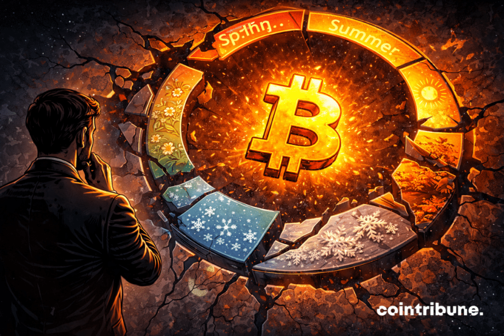 A circular calendar representing the seasons is distorted or broken. Bitcoin floats in the center, outside the usual cycle.
