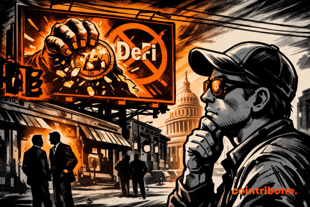 Crypto-themed highlights shine in the sunglasses of a man facing an aggressive anti-DeFi billboard near the U.S. Capitol.