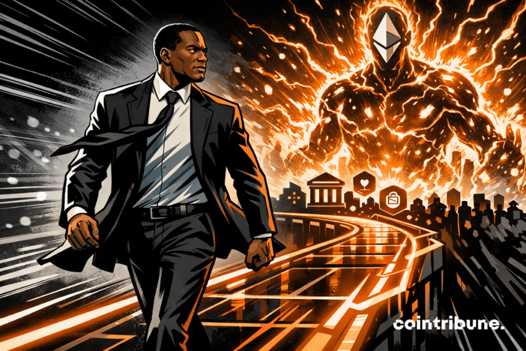 Arthur Hayes, dressed in a dark suit, strides across an orange-lit bridge toward a DeFi cityscape, with a bright, turbulent Ethereum silhouette looming behind him.
