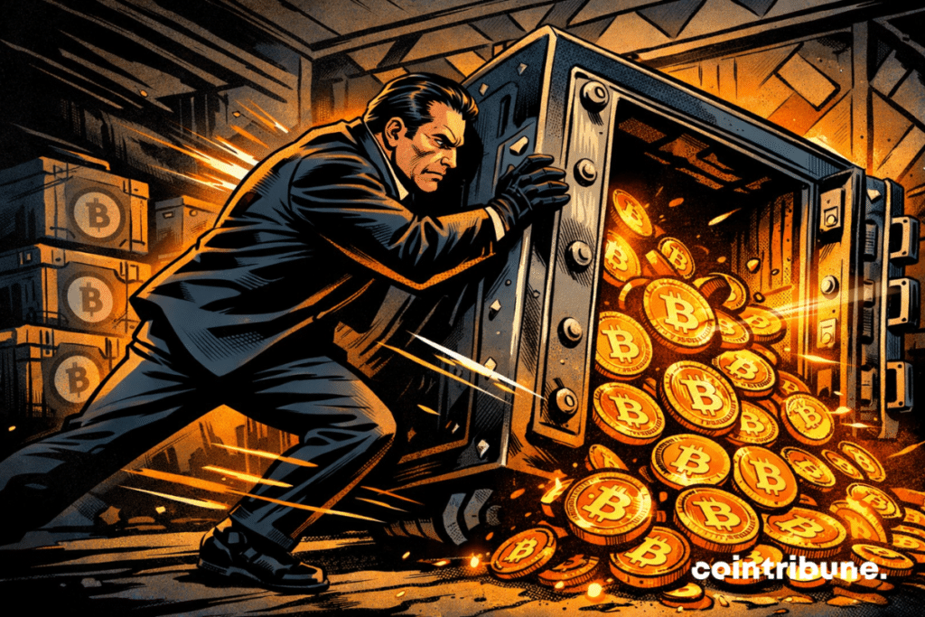 A cartoon-style scene shows a determined man in a dark suit forcing open a heavy vault, as bright orange Bitcoin coins spill out, with shadow boxes filled with stablecoins in the background.