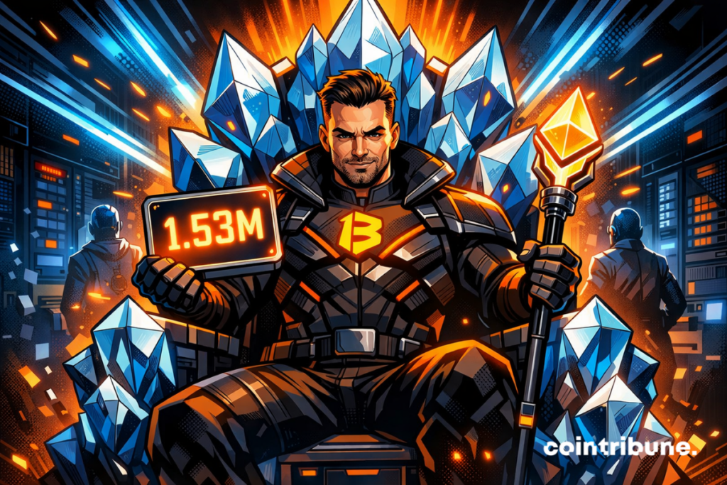 An imposing figure in a futuristic black and orange costume sits on a throne made of Ethereum crystals. He is holding a tablet displaying 