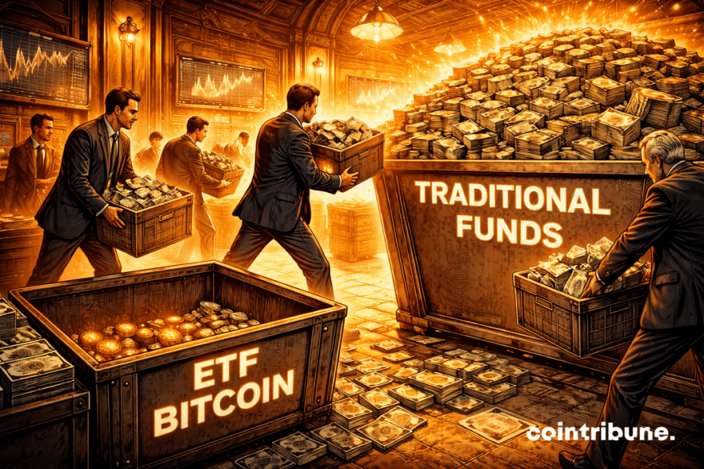 Institutional investors calmly move blocks of capital from a “Bitcoin” bin to a “traditional finance” bin. The crypto bin is visibly emptying.