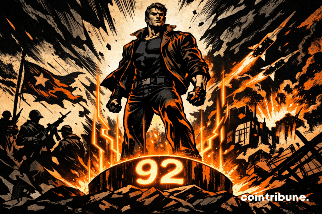 A comical 1970s-style illustration shows a powerful Bitcoin figure standing on a glowing pedestal marked with the number 92, surrounded by orange energy, while global chaos hovers in the background.