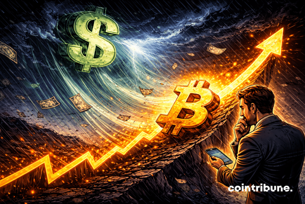 Bitcoin attempts to move uphill, illuminated by an orange light, while an invisible force from above (symbolizing the dollar) exerts downward pressure.