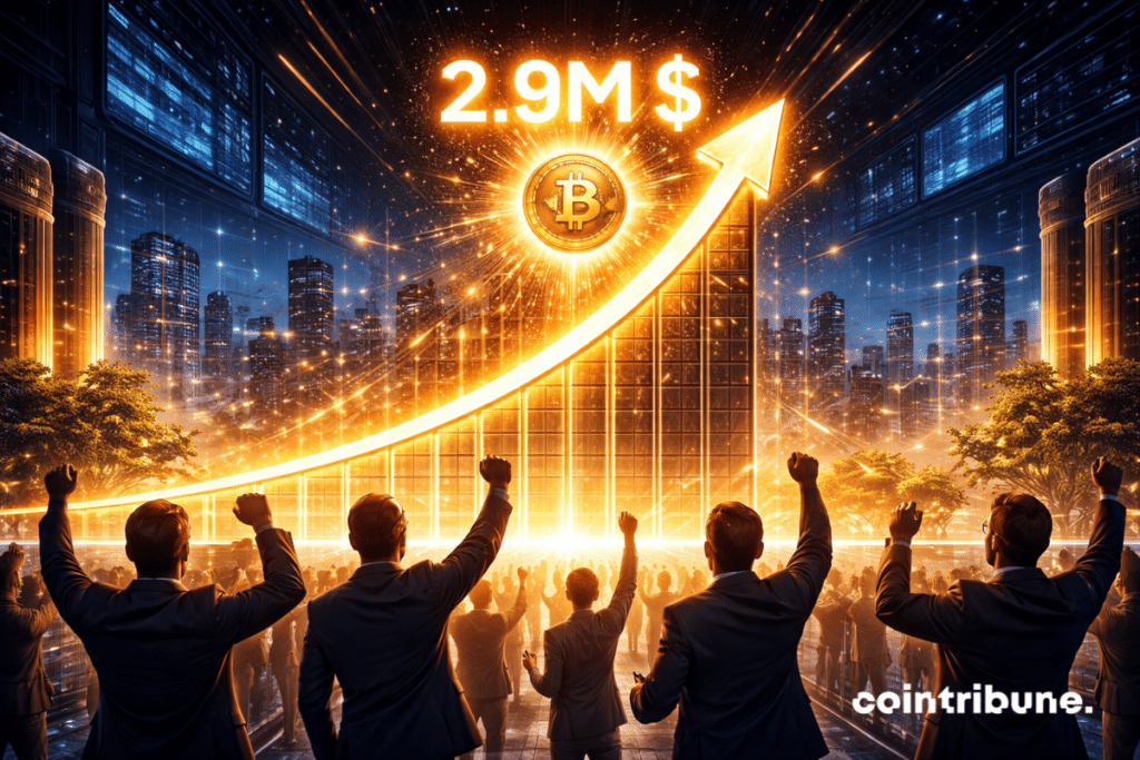 A futuristic Bitcoin graph rises from the ground, reaching a glowing bar with the figure $2.9M at the top. Figures stare in awe.