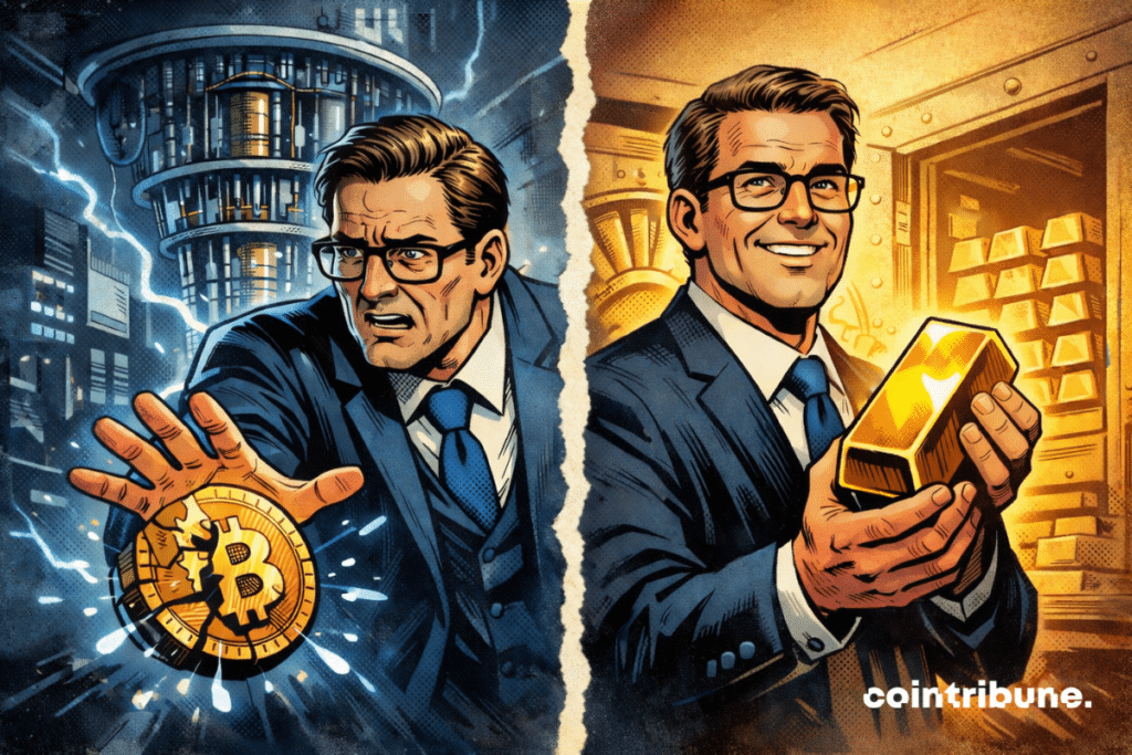 A banker rejects a cracked Bitcoin, then smiles while holding a gold bar, symbolizing a secure transition.