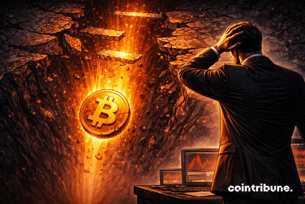 Bitcoin is falling vertically into a dark pit, leaving shattered support levels behind.