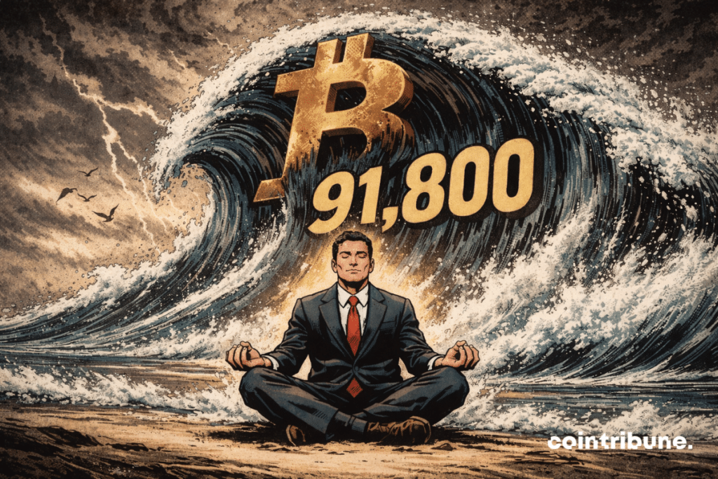 A man meditating on a beach, facing an immense Bitcoin tsunami bearing the number 91,800. Intense atmosphere.