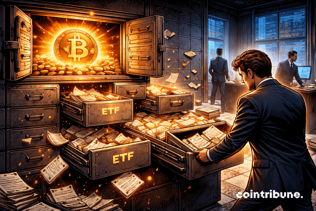 In an institutional vault, a Bitcoin is locked at the top, the ETF drawers are open and empty, the manager calmly removing files.