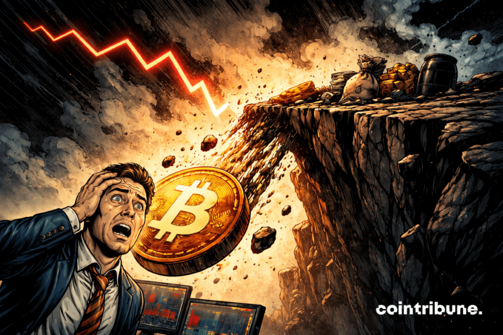Bitcoin symbol falling off a cliff with a broken chart and a trader in the background.