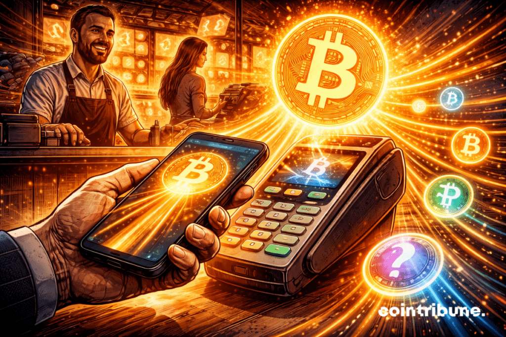 A payment terminal captures a Bitcoin light stream that is thicker than other crypto streams.