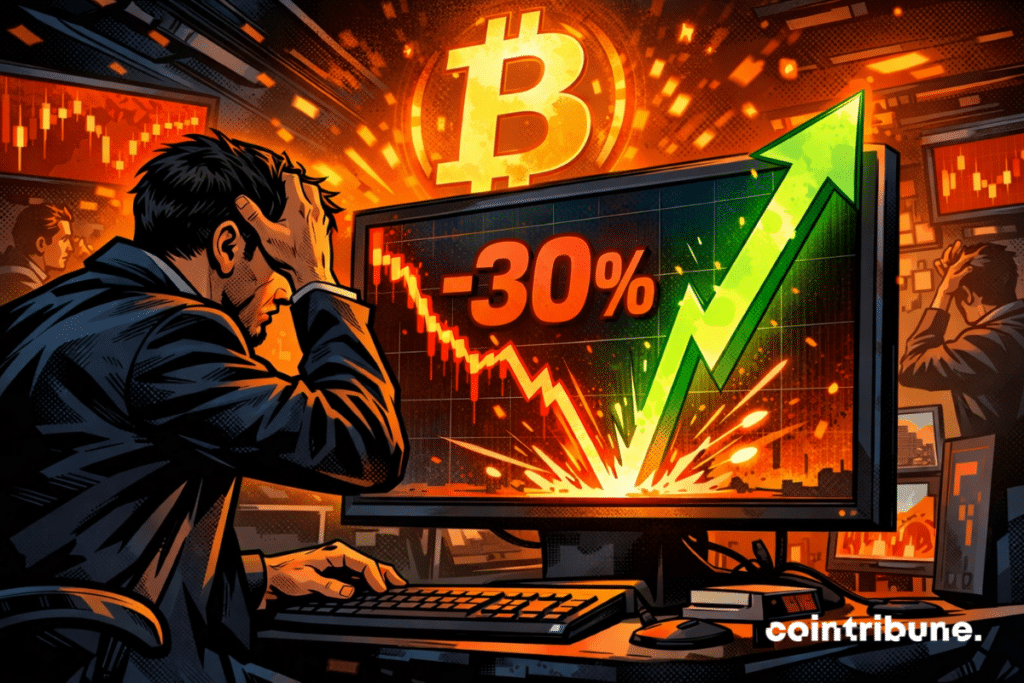 Worried trader in front of a screen displaying -30% and a rising green arrow, Bitcoin symbol illuminated in the background.