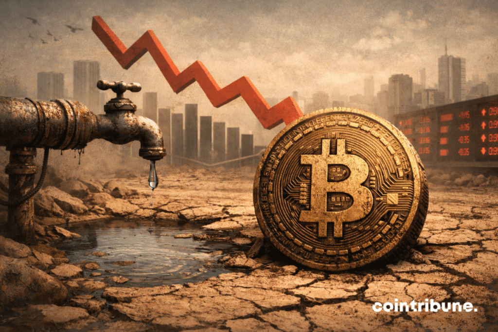 A Bitcoin coin lies on dry ground, with a rusty pipe and a downward financial chart.