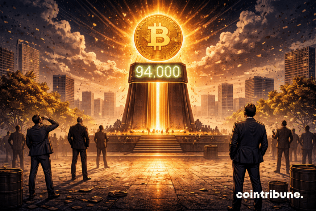 Silhouettes of traders observe a Bitcoin podium high in the air, inaccessible.