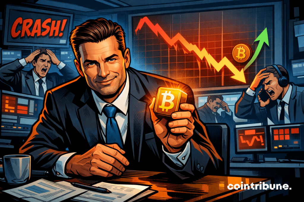 Man in suit holding glowing Bitcoin in front of falling screens.
