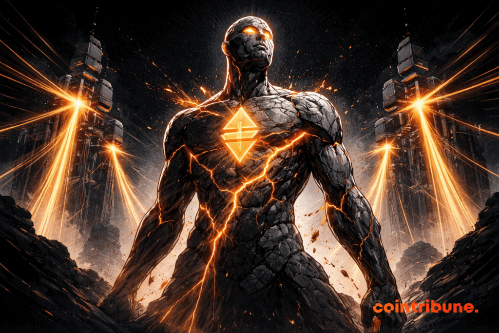 A massive, cracked humanoid statue, radiating orange energy, stands in the darkness as towering structures absorb its light. In the distance, a silhouette in a suit suggests that BlackRock is observing the scene.