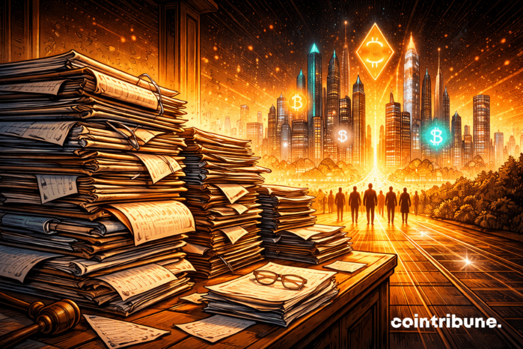 Legislative files related to the CLARITY Act sit still in the foreground. Behind it, a futuristic crypto city continues to grow, bathed in orange light. Silhouettes of crypto entrepreneurs are in motion.