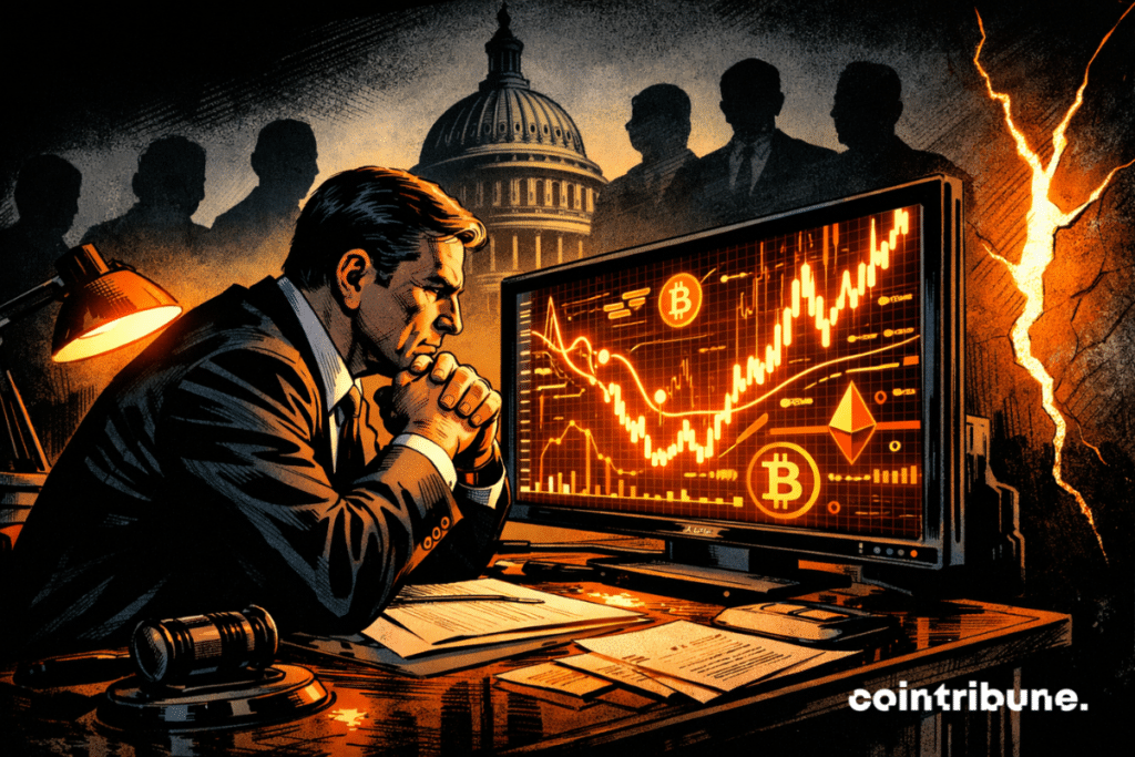 A focused regulator sits at a desk in a dark office, studying bright orange cryptographic charts on a screen, while the silhouettes of members of Congress loom behind him.
